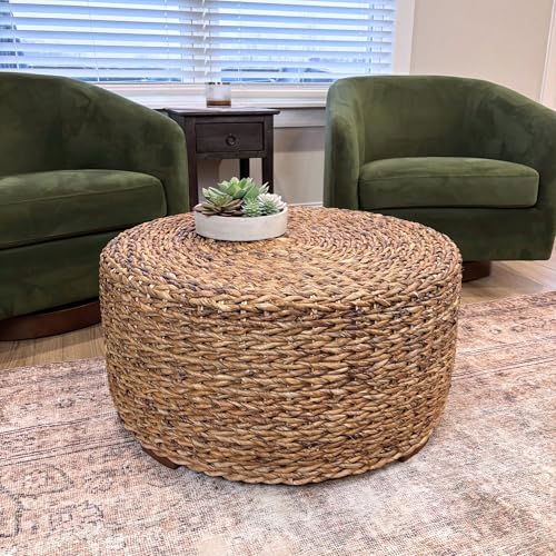 East at Main Abella Round Woven Rattan Coffee Table, Coastal Boho Coffee Table with Natural Finish, 28.5