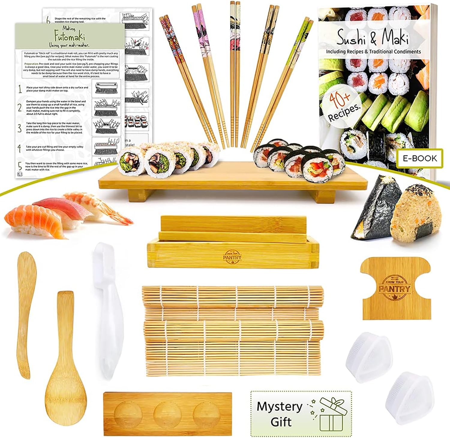 Bamboo Sushi Making Kit for Beginners with Maki Maker, Sushi Mat, Onigiri Mold Set, Sushi Plate, Chopstick Set, Rice Paddle, and More. Perfect Sushi Making Kit for Kids Too!