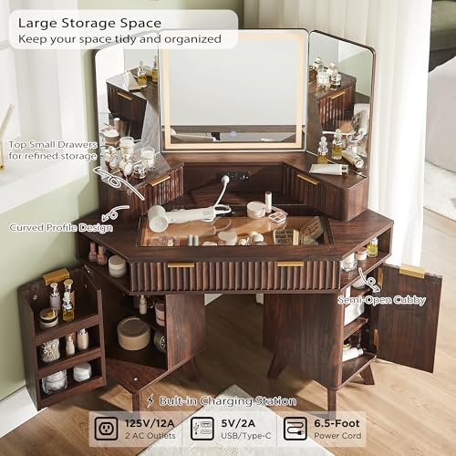 T4TREAM Fluted Makeup Vanity Desk with 3 Way Mirror and Lights, 48