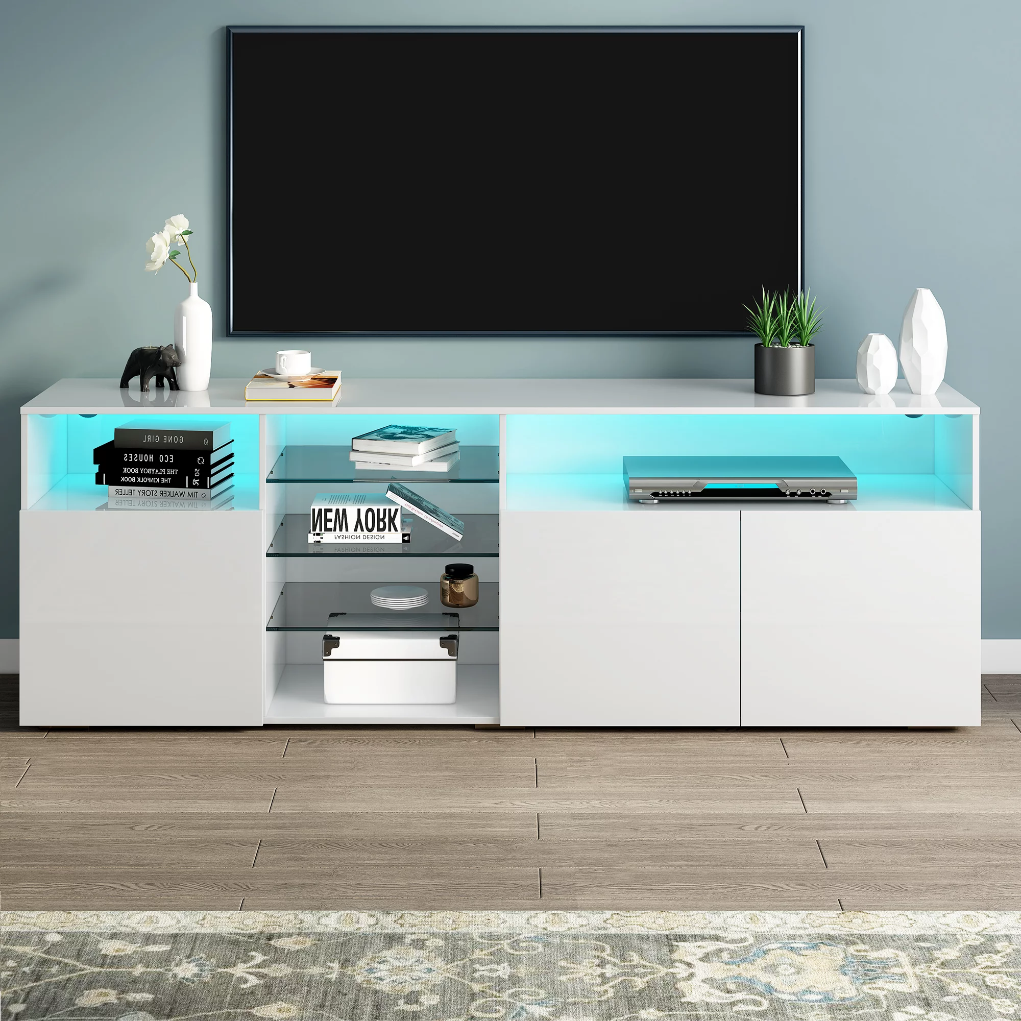 White High Gloss TV Cabinet with Color Changing LED Lights Universal TV Locker with 3 Door Living Room Locker Small Entertainment Center for TVs 70