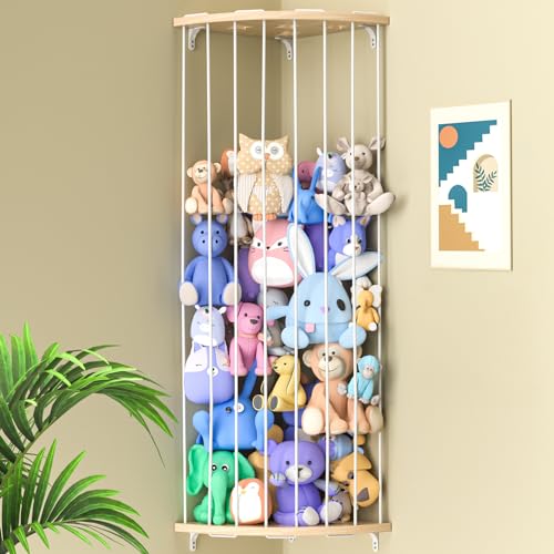 Stuffed Animal Storage Wood Corner Plush Toys Holder with Star Pattern, Length Adjustable Hanging Stuffed Animal Toy Organizer Shelf for Nursery Play Room Bedroom Kid Room