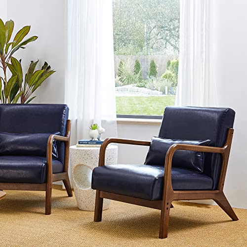 Glitzhome 2 Set Mid Century Black Accent Armchair, Single Reading Armchair PU Leather Lounge Chair with Walnut Ruberwood Frame