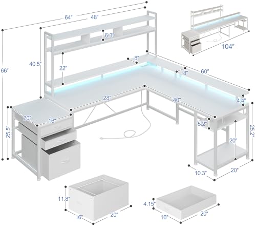 EnHomee Large L Shaped Gaming Desk with Hutch and Drawers, 64