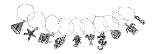 Palm City Products 10 Piece Beach Themed Wine Charm Set - Nautical Stemmed Wine Glass Charms