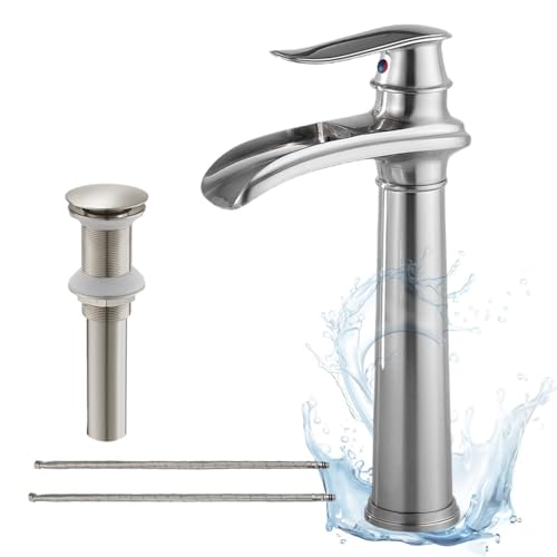Vessel Sink Faucet Brushed Nickel Bathroom Faucet Waterfall Bathroom Sink Faucet One Hole Single Handle Lavatory Bath Vanity Tap with Pop Up Drain