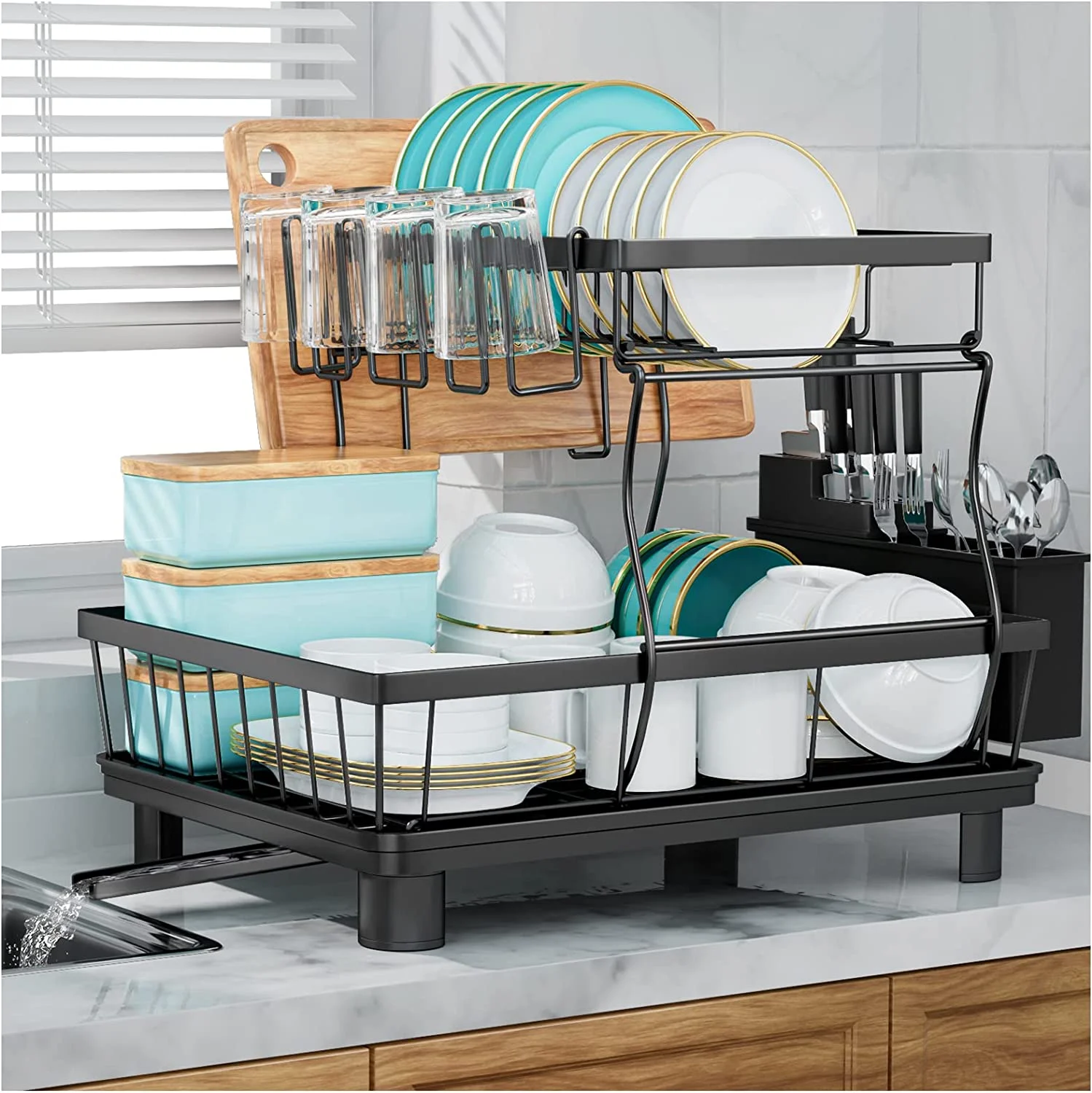 Sensch 2 Tier Dish Racks for Kitchen Counter, Drying Rack with Drainer, Stainless Steel Kitchen Organizers with Utensil Cups Holders, Drain Board with Drainage