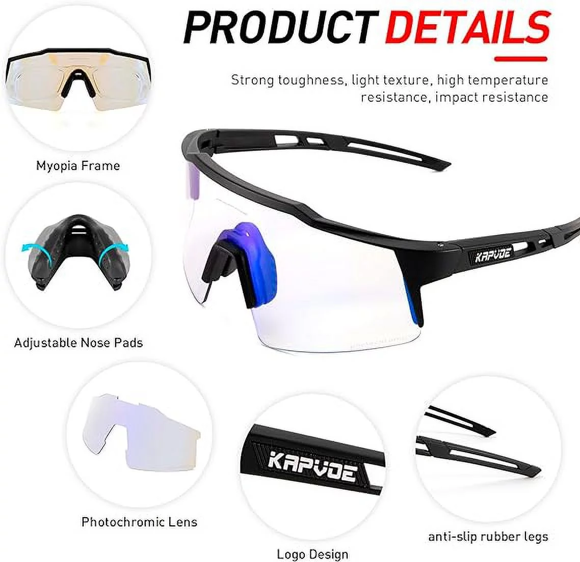 KAPVOE Photochromic Cycling Glasses MTB Clear Mountain Bike Sunglasses Transition Goggles Sports Baseball Running
