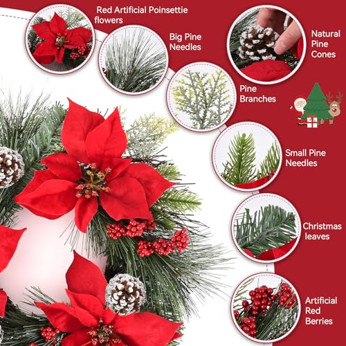 24 Inch Christmas Wreath for Front Door, Large Christmas Real Touch Door Wreath with Red Bow and Hangers, Green Pine Xmas Wreath for Window Wall Fireplaces Porch Indoor Outdoor Home Decor