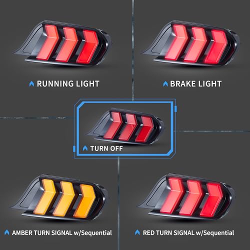 VLAND LED Rear Lights Compatible with Mustang 2015-2023 w/Sequential Turn Signal (5-Modes Switchable Lighting), Clear Lens Taillight Assembly, Passenger&Driver Sides (Clear)