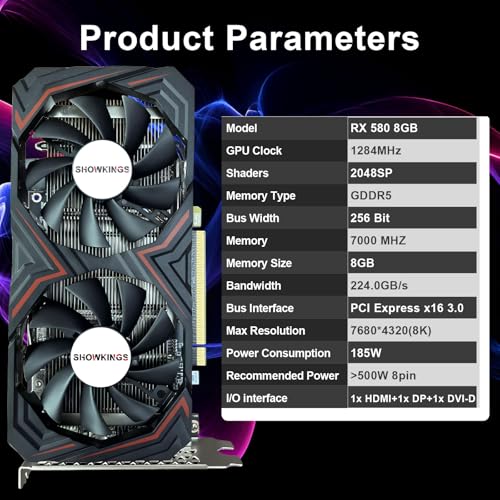 Radeon RX 580 8GB Graphics Card, 256Bit 2048SP GDDR5 AMD Video Card for Pc Gaming, DP HDMI DVI-Output, PCI Express 3.0 with Dual Fan for Office and Gaming