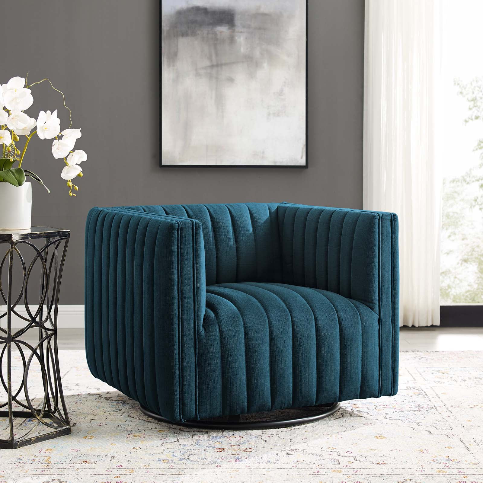 Modway Conjure Tufted Swivel Upholstered Armchair in Azure