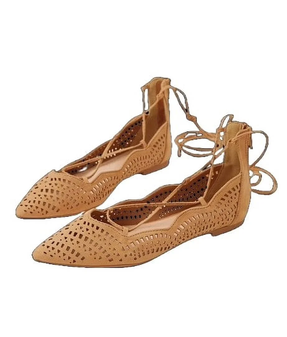 Qupid Strike-02X Blush Suede Fashion Perforated Lace Up Flat Ballet Shoes (Tan, 8.5)