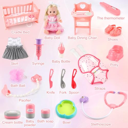 Baby Doll Playsets for Girls, Baby Doll with Accessories Set for Girls 3-5, Baby Doll Set for 3 4 5 Year Old Girls Gifts, Stocking Stuffers for Toddlers Kids (Doll Playset)
