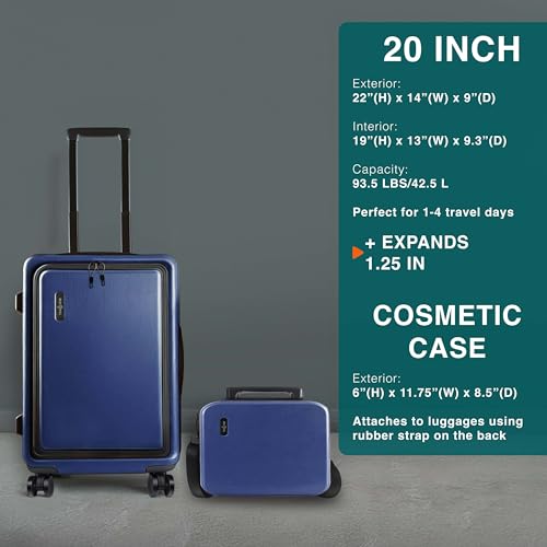 22 Inch Carry On Luggage 22x14x9 Airline Approved, Carry On Suitcase with Wheels, Hard-shell Carry-on Luggage, Durable Luggage Carry-On, Black Small Suitcase with Cosmetic Case