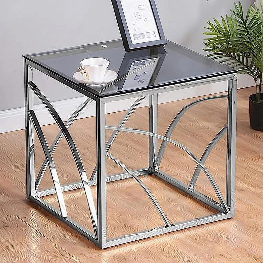 TJUNBOLIFE Square Glass End Table Transparent Glass Top - Sleek Stainless Steel Frame Modern Silver Nightstand Glass  for Living Room  Bedroom