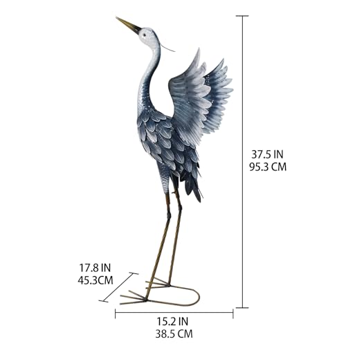 33 Inch Crane Statue for Garden Decorations, Garden Sculpture & Statue, Metal Heron Statue Yard Art, Outdoor Decor for Patio, Pond, and Backyard, Blue
