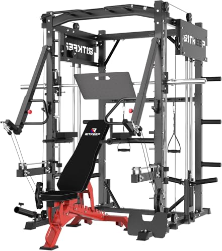 Smith Machine with Jammer Arms & Leg Press with Adjustable Dual Pulley Ratio (1:1 & 2:1), PMAX-4750 All-in-One Commercial & Home Gym Equipment, Heavy-Duty Steel Frame by RitKeep