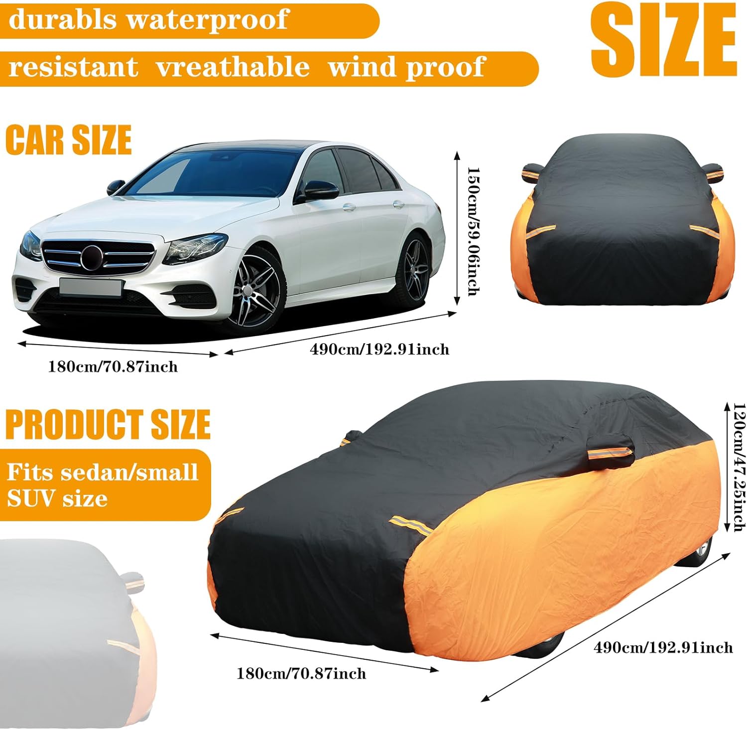 Full Car Cover Waterproof Most Weather for Automobiles, Outdoor Full Cover Rain UV Protection Sun, Scratch Resistant Windproof Universal (Black, Orange,Fit Sedan Length (194-208'') 59'' H)