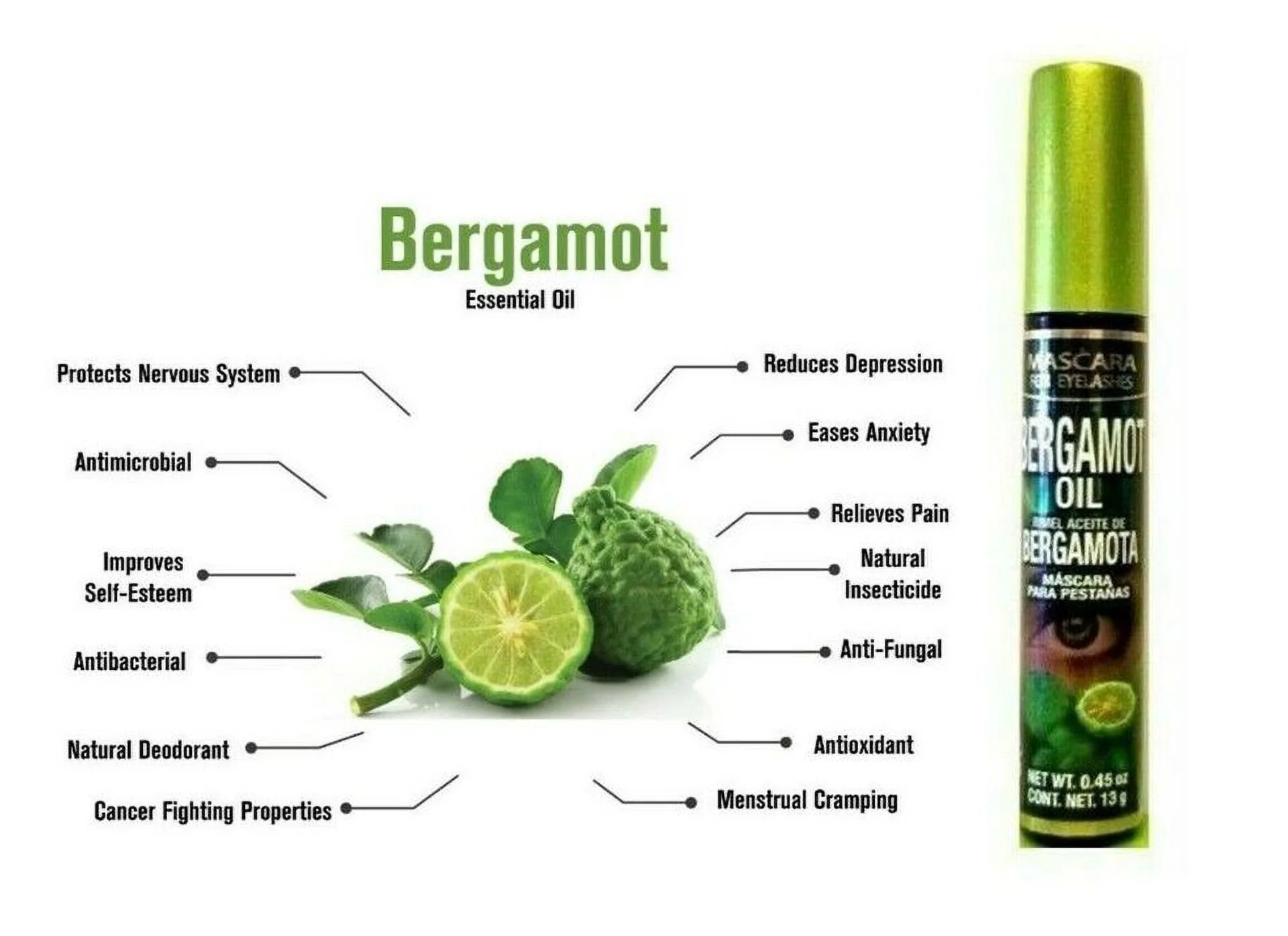 MASCARA BERGAMOT OIL BLACK RIMEL 0.45 oz. each Aceite de Bergamota Waterproof Strengthening
