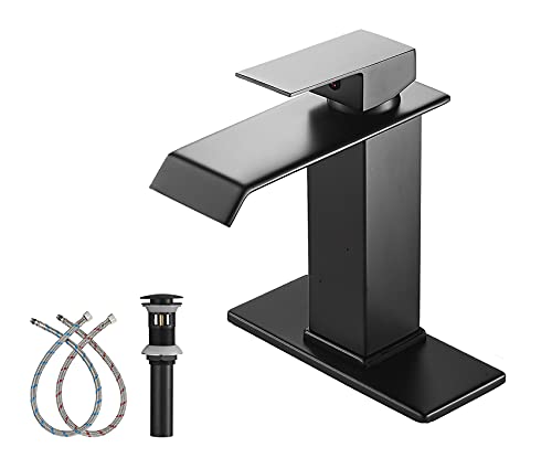 White Gold Faucet Bathroom Vessel Sink Golden Waterfall Spout Faucet Single Handle Bowl Sink Faucet Modern Single Hole Basin Vanity Tall Bathroom Sink Faucet with Pop Up Drain Stopper Supply Hose