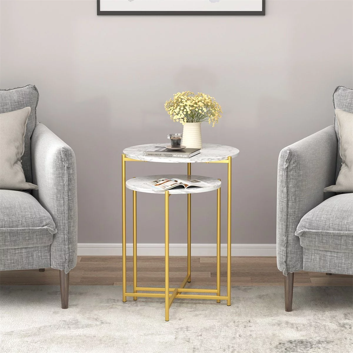 LANTRO JS Modern Faux Marble Top Round Nesting Coffee Table, 2 Piece