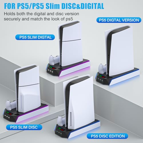 PS5/PS5 Slim/PS5 Pro Stand and Cooling Station with Dual Controller Charging Station for PlayStation 5 Console, PS5 Accessories Incl. Controller Charger, Cooling Fan, Headset Holder, 3 USB Hub, White