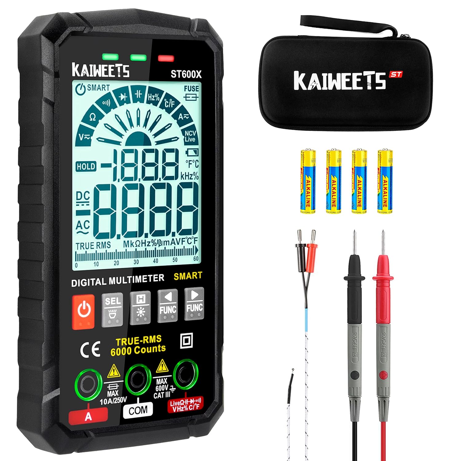 KAIWEETS Digital Multimeter Tester Smart Voltmeter for Electrical Testing & Automotive Circuit NCV Voltage Meter Tests Ohm Amp Temperature Capacitance Frequency Auto Range ST600Y