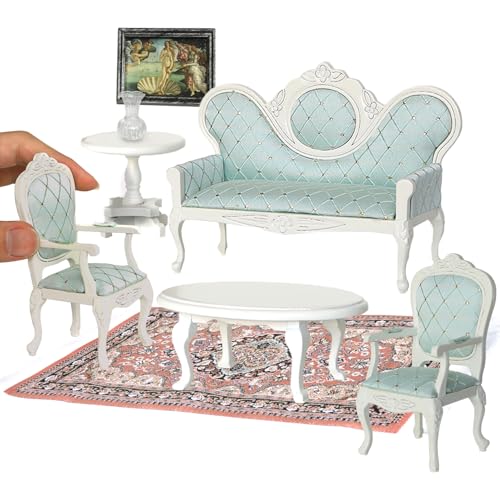 iLAND Victorian Dollhouse Furniture Set, Doll House Furniture and Accessories, Miniature Dollhouse Sofa with 1/12 Scale Accessories 8pcs, Mothers Gift, Wife Gift, Bookshelf Décor (White & Green)
