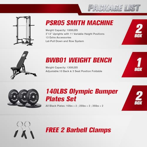 RitFit Smith Machine Power Rack with LAT-Pull Down System, Landmine, Barbell Bar, Plate Storage Pegs and More Training Attachment