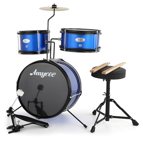 3 Piece Kids Drum Set with Cymbal, 2 Drumsticks, Pedal, 2 Tom,Beginner Junior Drum Kit with Throne Stool, Musical Instruments for Boys and Girls, Black