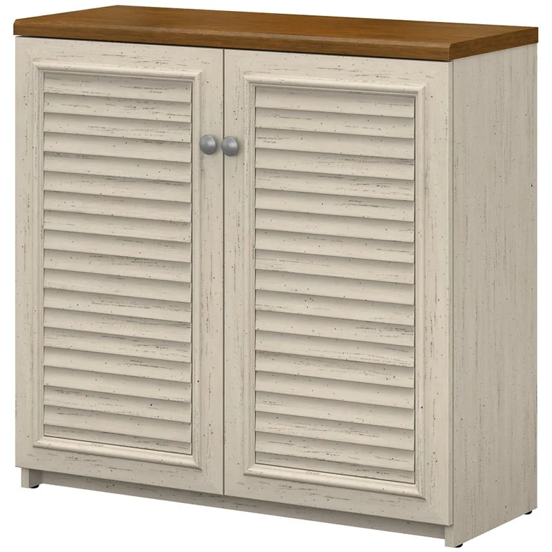 Pemberly Row Small Storage Cabinet with Doors in Antique White - Engineered Wood