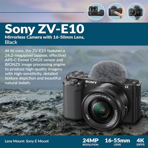 Sony ZV-E10 APS-C Mirrorless Interchangeable Lens Vlogging Camera with 16-50mm Lens, Black - Bundle with 64GB SD Card, Shoulder Bag, 40.5mm Filter Kit