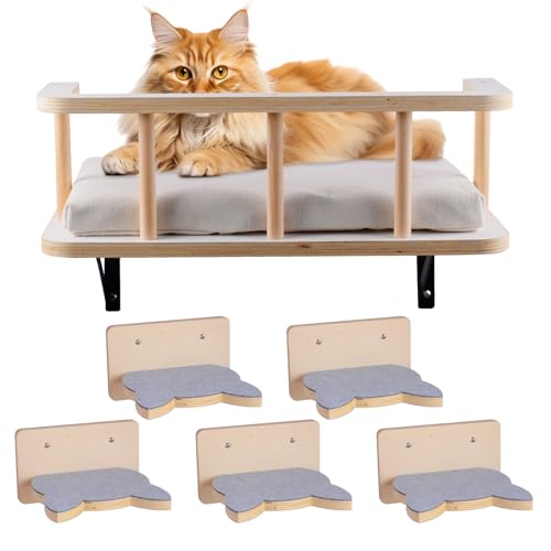 Large Cat Wall Shelves with 5 Steps - Heavy Duty Cat Wall Furniture, Climber, Shelves & Perches with Comfy Cushion & Guardrails, Space-Saving for Indoor Cats (Natural Wood)