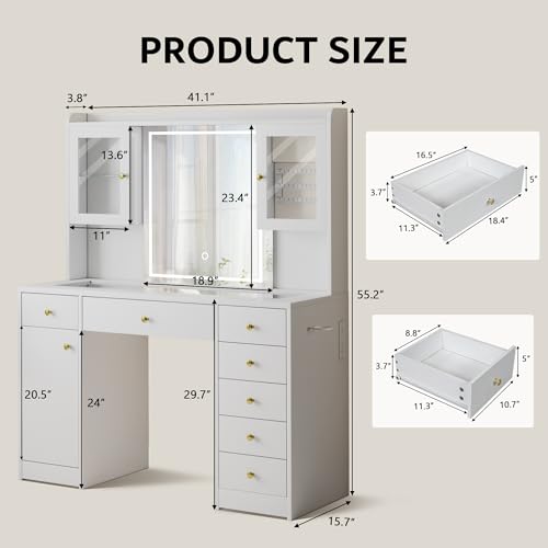 iPormis Vanity Desk with Mirror and Lights, Glass Top Makeup Vanity with RGB Light and Power Outlet, Dressing Table Mirror with 3 Lighting Colors, 7 Drawers, 3 Cabinets, White Vanity for Bedroom