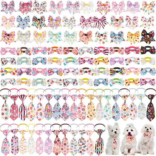 Reginary 100 Pieces Dog Bow Tie Collar Set Include 40 Dog Neckties, and 30 Puppy Bowties, 30 Collar Flowers, Adjustable Pet Ties Grooming for Small Medium Cats Pets Supply(Paw Bone)