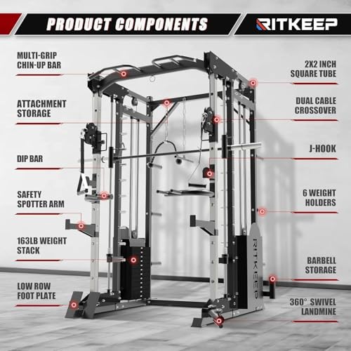 RitKeep PMAX 5600 Pro Smith Machine,All-in-One Home Gym Equipment with 2200lb Capacity,Includes T-Bar Row,Single Handle,and More Attachment,with 320lb Weight Stack,for Home Gym Use
