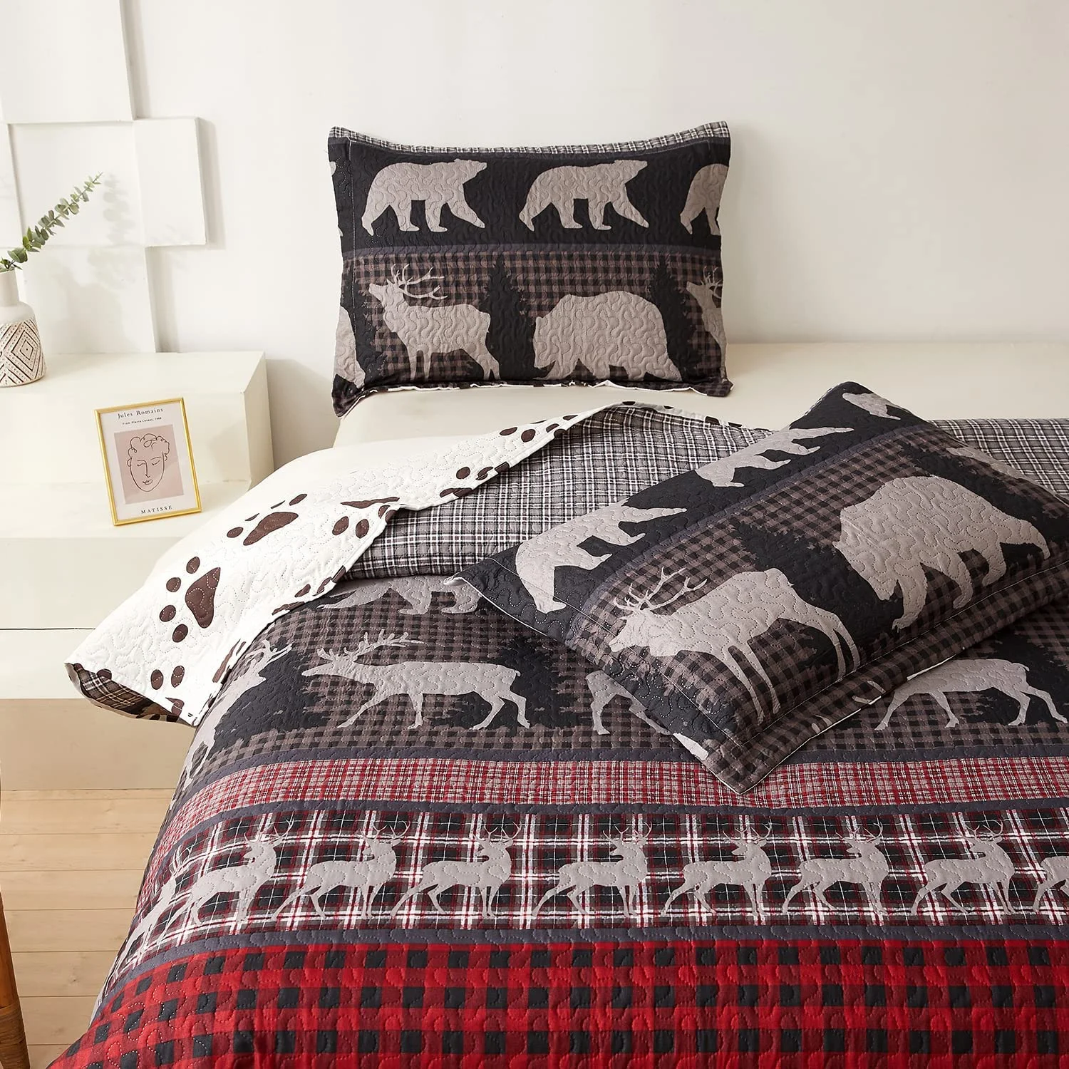 Jessy Home Deer Bear Quilt Queen Rustic Bedspread Red Black Microfiber Coverlet Set