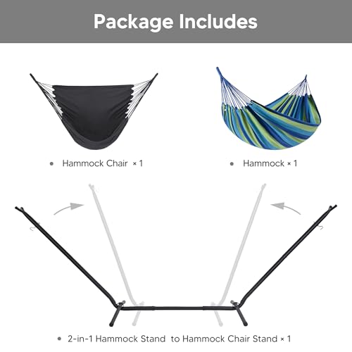 SUNCREAT 2-in-1 Hammocks Hammock Chair with Stand, 475 lbs Capacity, Heavy Duty Two Person Hammock with Stand, Patent Pending, Blue Stripe