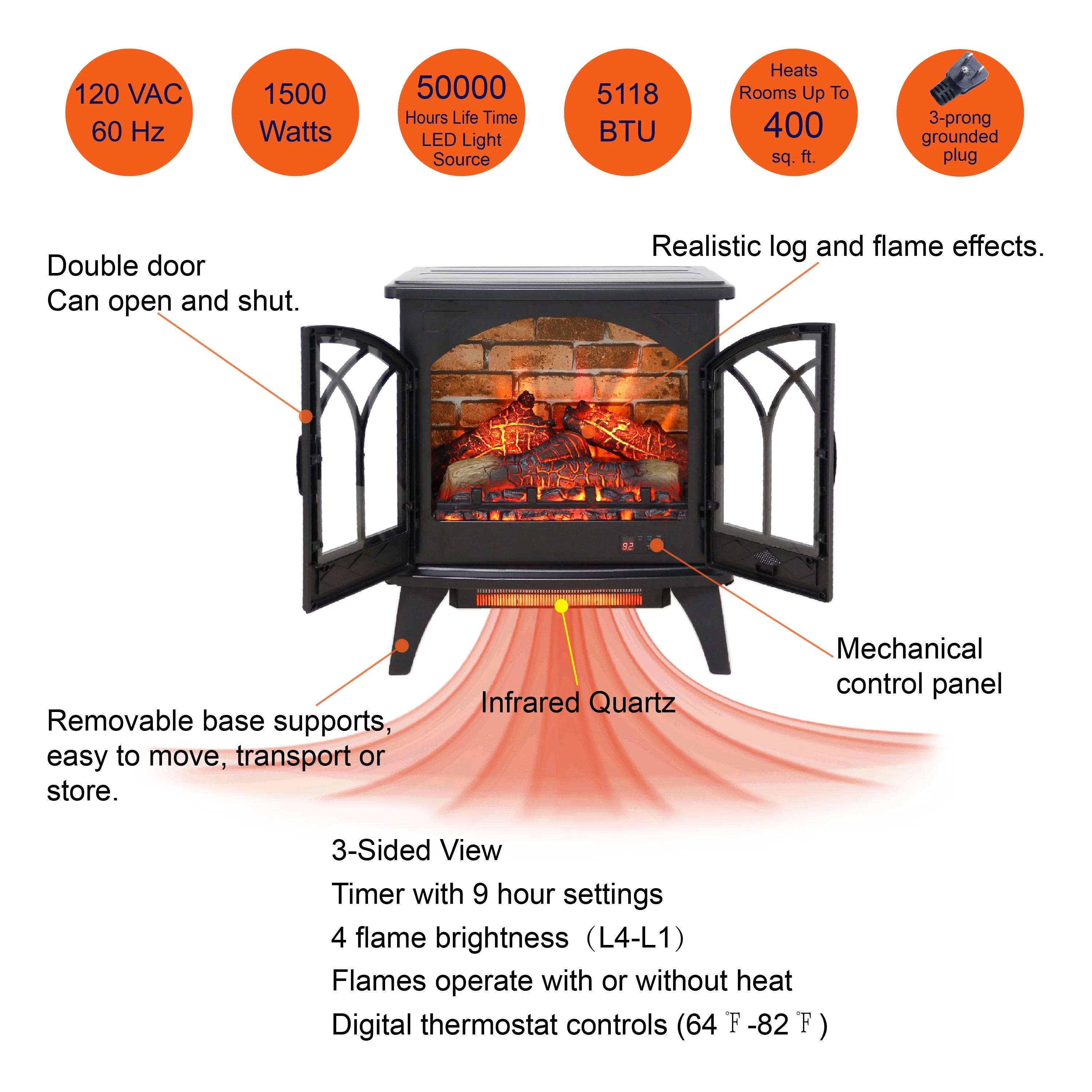 24 Inch 3D Infrared Electric Stove with Remote Control Projection Small Stove