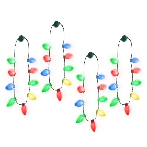 Windy City Novelties 4 Pack LED Light Up Christmas Bulb Necklace with 6 Dynamic Light Modes – Flashing Holiday Accessories for Parties, Parades & Festive Events - Bulk
