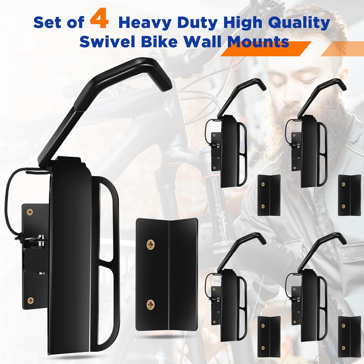 4 Pcs Swivel Bike Racks Wall Mount 180 Degrees Swivel Bike Hanger Hooks for Garage Space Saving Sturdy Vertical Bike Hanger Hold up to 50 Lbs Multi Angle Bicycle Storage Rack, Black