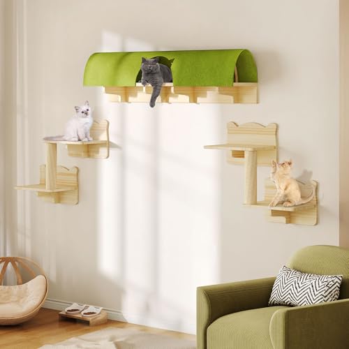 Cat Wall Shelves and Perches, Solid Wood Wall Mounted Cat Furniture, Set of 13 Cat Climbing Shelves with Moon Hammock, House, Wall Ladder, Scratching Post and Cat Tunnel