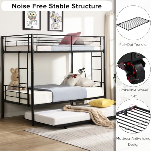 Bunk Bed, Twin Over Twin Metal Bunk Bed with Trundle Heavy Duty Bunk Beds Frame with 2 Side Ladders Convertible Bunkbed with Safety Guard Rails, No Box Spring Needed (Black, Twin Over Twin)