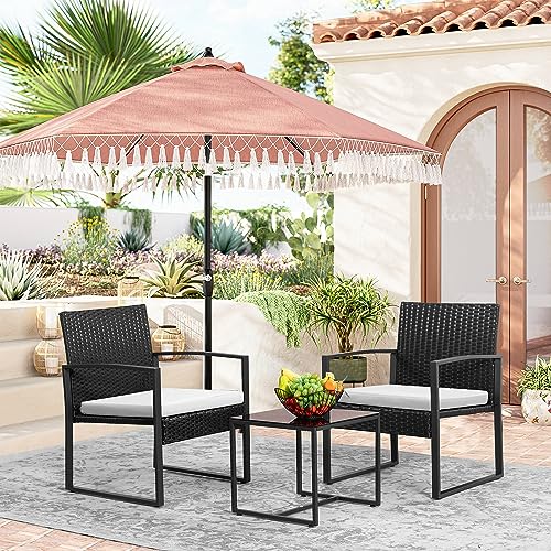 Devoko 3 Piece Patio Set, Outdoor Furniture Set Wicker Patio Conversation Sets Clearance Rattan Table and Chairs Set with Coffee Table and Cushion for Balcony Porch Bistro (White)