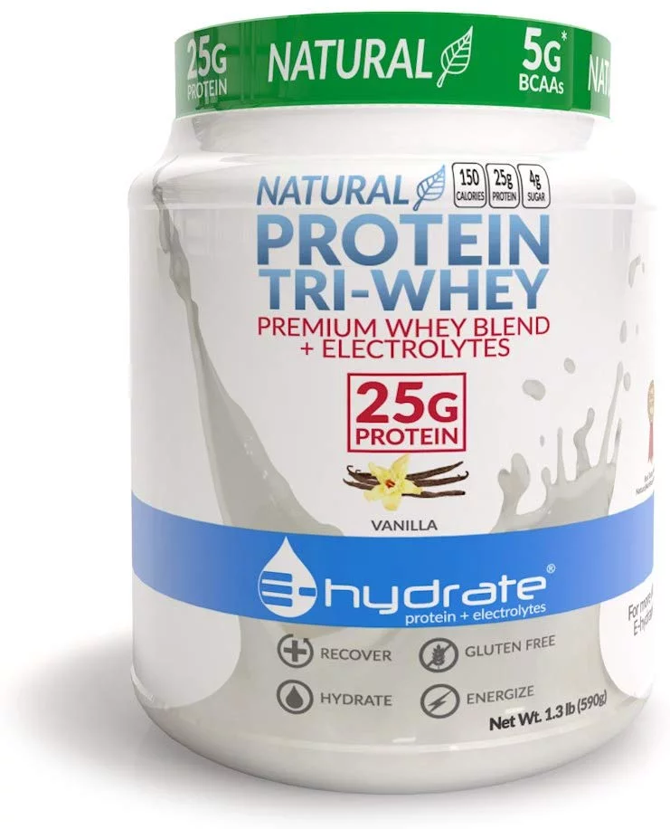 E-hydrate | Tri-Whey Blend Protein Powder + Electrolytes, 25g Protein, Gluten Free, 5g BCAA | Hydrate, Recover, Build Muscle, Energize | Vanilla, 2.6 LB Tub (2-Pack)