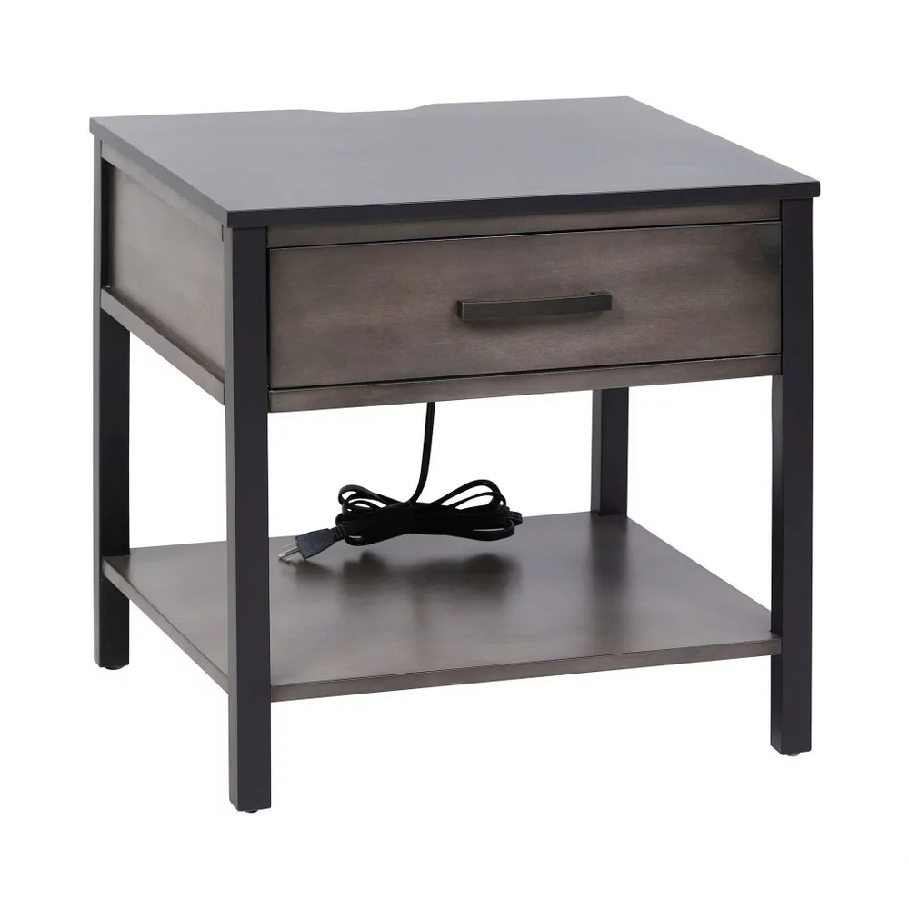 Modern Single Drawer Accent Table with Power Socket and Usb Charging Ports with 4 Wood Legs 22 inches W X 22 inches H-Smoke Stain Finish Bailey Street