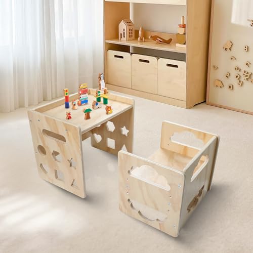 Montessori Weaning Table and Chair Set, Wooden Toddler Table and Chair Set Kids Activity Table Step Stools with Blackboard & 3 Heights Adjustable, 1-3 Age Kids Funiture for Eating Drawing Reading