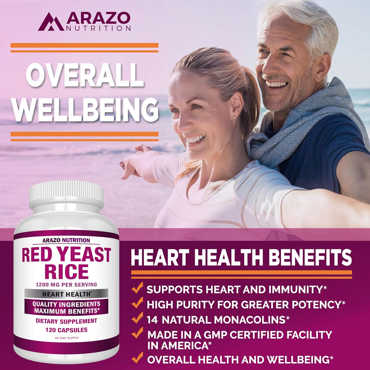 Arazo Nutrition Red Yeast Rice Extract 1200 MG – Citrinin Free Supplement – Vegetarian 120 Capsules