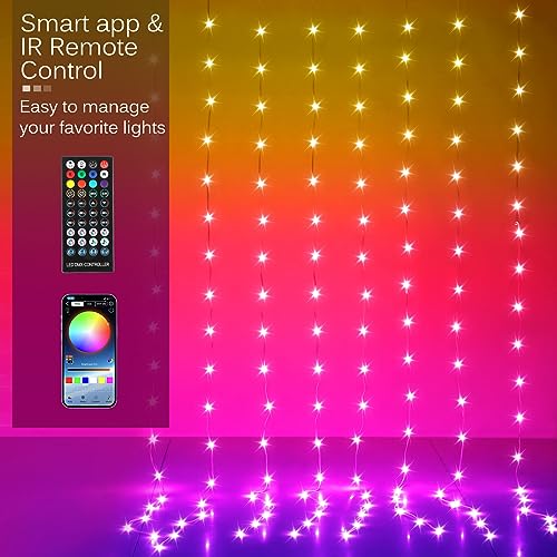 LED Curtain Lights, 10ft x 10ft 300 LED RGB Color Changing String Fairy Lights Curtain with Smart APP Control, Music & Voice Sync for Bedroom Backdrop Indoor Outdoor Christmas Decorations