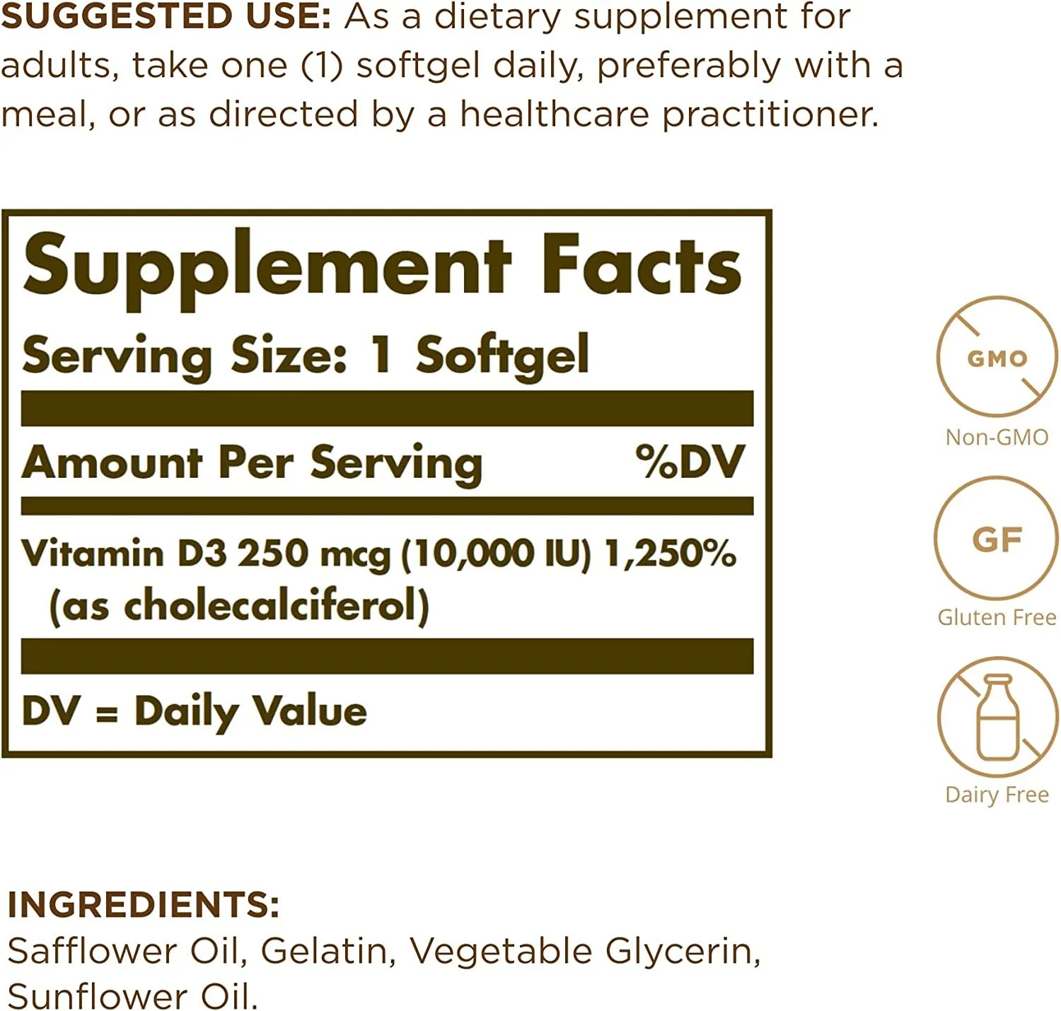 Solgar Vitamin D3 Cholecalciferol 250 MCG 10,000 IU - Helps Maintain Healthy Bones & Teeth - Immune System Support - Non-GMO, Gluten Free, Dairy Free - 120 Servings, 120 Count Pack of 2
